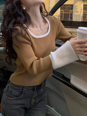 1pc Women's Elegant Slim Fit Contrasting Color Short Base Sweater, U-Neck Long Sleeved With Fleece