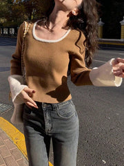 1pc Women's Elegant Slim Fit Contrasting Color Short Base Sweater, U-Neck Long Sleeved With Fleece