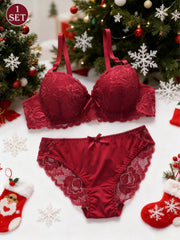 2pcs European & American Style Women's Lingerie Set, Microfiber Lace Bra With Non-Removable Padded Cups