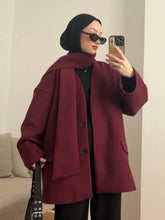 1pc Women's Fashionable & Versatile Solid Color Ribbed Pocket Front Button Wool Blend Jacket