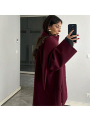 1pc Women's Fashionable & Versatile Solid Color Ribbed Pocket Front Button Wool Blend Jacket