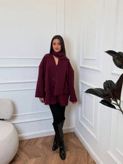 1pc Women's Fashionable & Versatile Solid Color Ribbed Pocket Front Button Wool Blend Jacket