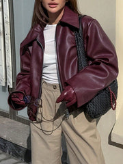 Solid Color Fashionable Loose Matte Leather Jacket