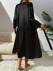 2pcs/Set Women Silk-Like Robe & Nightgown Set, Long Robe And Solid Color Sleepwear