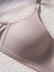 Comfortable Off-White Casual Stripe Wireless Soft Cup Solid Bralette