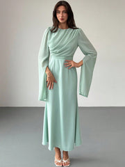 Elegant Green Party Dress For Women High-End Party Long Sleeve Round Neck Ruched Fitted Dress For Women, Autumn/Winter