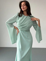 Elegant Green Party Dress For Women High-End Party Long Sleeve Round Neck Ruched Fitted Dress For Women, Autumn/Winter