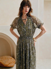 Women's Chiffon V-Neck Tie Front Shirred Waist Flounce Sleeve Fashion Casual Printed Mid-Length Dress