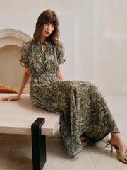 Women's Chiffon V-Neck Tie Front Shirred Waist Flounce Sleeve Fashion Casual Printed Mid-Length Dress