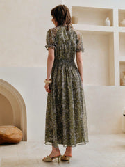 Women's Chiffon V-Neck Tie Front Shirred Waist Flounce Sleeve Fashion Casual Printed Mid-Length Dress