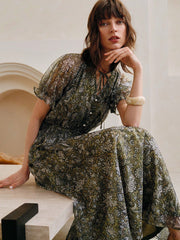 Women's Chiffon V-Neck Tie Front Shirred Waist Flounce Sleeve Fashion Casual Printed Mid-Length Dress