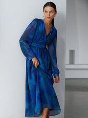 Elegant Chiffon Ombre Floral Print V-Neck Overlap Waist Slim Design Long Dress