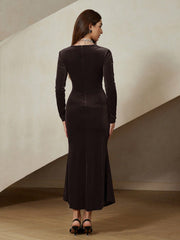 French Vintage Style Red Velvet Round Collar Bodycon Fishtail Hemline Waist Definition Women Long Sleeve Dress