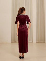 Elegant Beaded Collar Waist Cinched Velvet Bodycon Dress