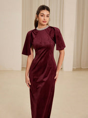 Elegant Beaded Collar Waist Cinched Velvet Bodycon Dress