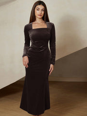 French Vintage Style Red Velvet Round Collar Bodycon Fishtail Hemline Waist Definition Women Long Sleeve Dress