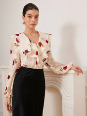 V-Neck Double Layer Ruffle Trim Sheer Cut-Out Floral Chiffon Women Long Sleeve Cropped Blouse