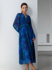 Elegant Chiffon Ombre Floral Print V-Neck Overlap Waist Slim Design Long Dress