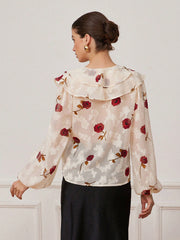 V-Neck Double Layer Ruffle Trim Sheer Cut-Out Floral Chiffon Women Long Sleeve Cropped Blouse