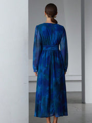 Elegant Chiffon Ombre Floral Print V-Neck Overlap Waist Slim Design Long Dress