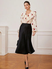 V-Neck Double Layer Ruffle Trim Sheer Cut-Out Floral Chiffon Women Long Sleeve Cropped Blouse