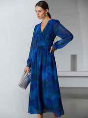 Elegant Chiffon Ombre Floral Print V-Neck Overlap Waist Slim Design Long Dress