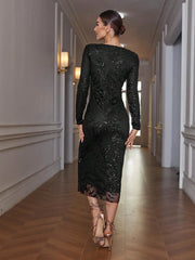 Elegant Sexy Sheer Mesh Embroidered Sequins Bodycon Long Sleeve Dress