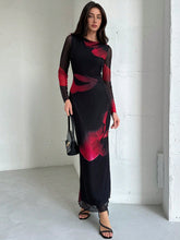 Elegant Boat Neck Long Sleeve Tie-Dye Mesh Print Party Cocktail Dress