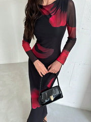 Elegant Boat Neck Long Sleeve Tie-Dye Mesh Print Party Cocktail Dress