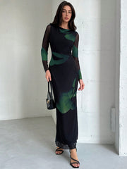 Elegant Boat Neckline Long Sleeve Tie Dye Mesh Print Cocktail Party Dress