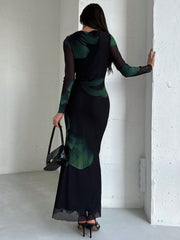 Elegant Boat Neckline Long Sleeve Tie Dye Mesh Print Cocktail Party Dress