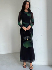 Elegant Boat Neckline Long Sleeve Tie Dye Mesh Print Cocktail Party Dress