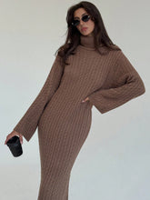 Cable Knit Long Fitted High Neck Loose Casual Sweater Dress