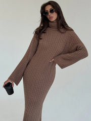 Cable Knit Long Fitted High Neck Loose Casual Sweater Dress