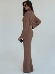 Cable Knit Long Fitted High Neck Loose Casual Sweater Dress