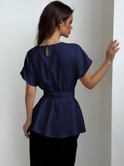 Round Collar & Waist Belted & X Shaped & Simple & Commuting Women's Shirt