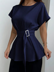 Round Collar & Waist Belted & X Shaped & Simple & Commuting Women's Shirt