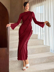 Women's Solid Color Ruffled Hem Flared Sleeve Dress