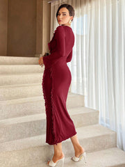 Women's Solid Color Ruffled Hem Flared Sleeve Dress