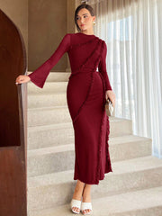 Women's Solid Color Ruffled Hem Flared Sleeve Dress