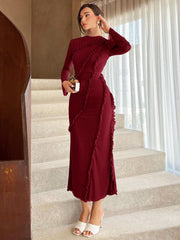 Women's Solid Color Ruffled Hem Flared Sleeve Dress