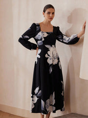 Fashion Big Floral Print Square Neck Puff Sleeve Midi Dress
