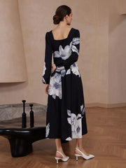 Fashion Big Floral Print Square Neck Puff Sleeve Midi Dress