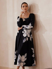 Fashion Big Floral Print Square Neck Puff Sleeve Midi Dress