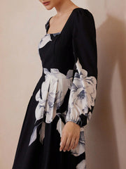 Fashion Big Floral Print Square Neck Puff Sleeve Midi Dress