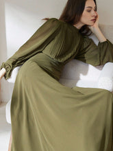 Chiffon Pleated Front Waist Cinched Long Sleeve Dress