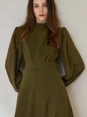 Chiffon Pleated Front Waist Cinched Long Sleeve Dress