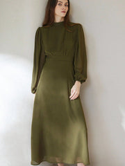 Chiffon Pleated Front Waist Cinched Long Sleeve Dress