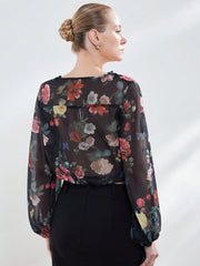 Women's V-Neck Floral Print Patchwork Ruffled Chiffon Long Sleeve Cropped Blouse