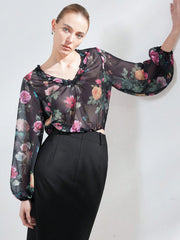 Women's V-Neck Floral Print Patchwork Ruffled Chiffon Long Sleeve Cropped Blouse